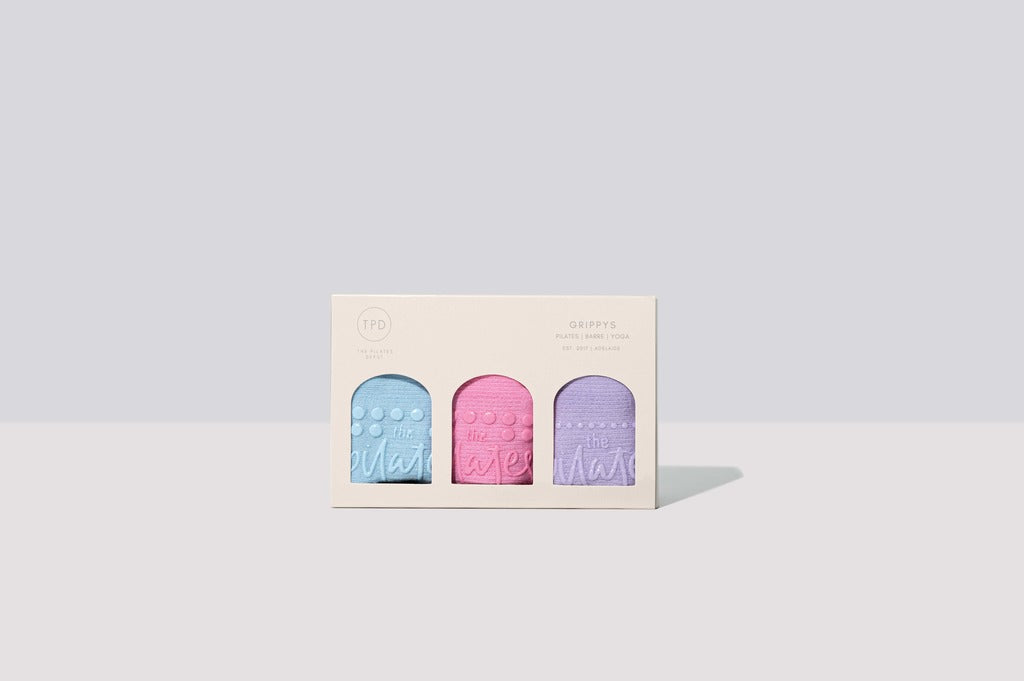 TPD Store 3 pack of Grippy Socks in box. Ready to gift to any Pilates, Barre or Yoga fan.