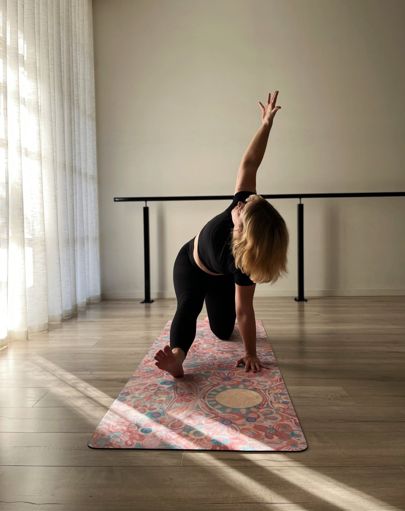woman in side strech on aurora art you are my sunshine tpd store eco friendly yoga mat