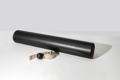 tpd store black trigger ball, organic cotton yoga strap and black foam roller in bundle on white background